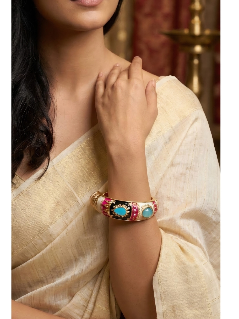 Gold-Tone Turquoise & Pink Gemstone Bangle Bracelet